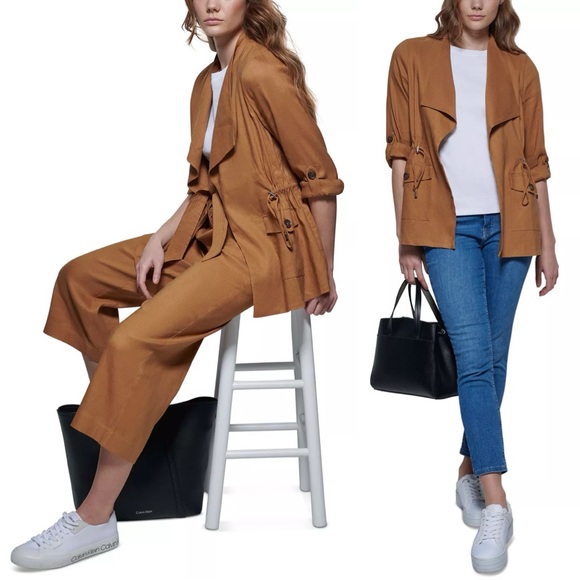 Calvin Klein Cinched Open Front Jacket Blazer Tan Roll Sleeve Linen Waterfall 12 - Picture 1 of 9